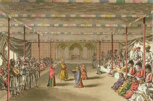 1813年4月5日の「A Mahratta Camp」からのJanumushtoomee（カラー彫刻） 作： John Augustus Atkinson